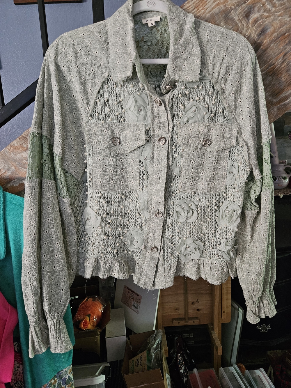 Light Sage Lace Floral Appliqué Button-Up Jacket